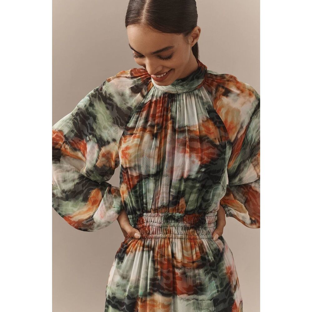Anthropologie The Somerset Long-Sleeve Mock-Neck Chiffon Maxi Dress - Picture 2 of 11